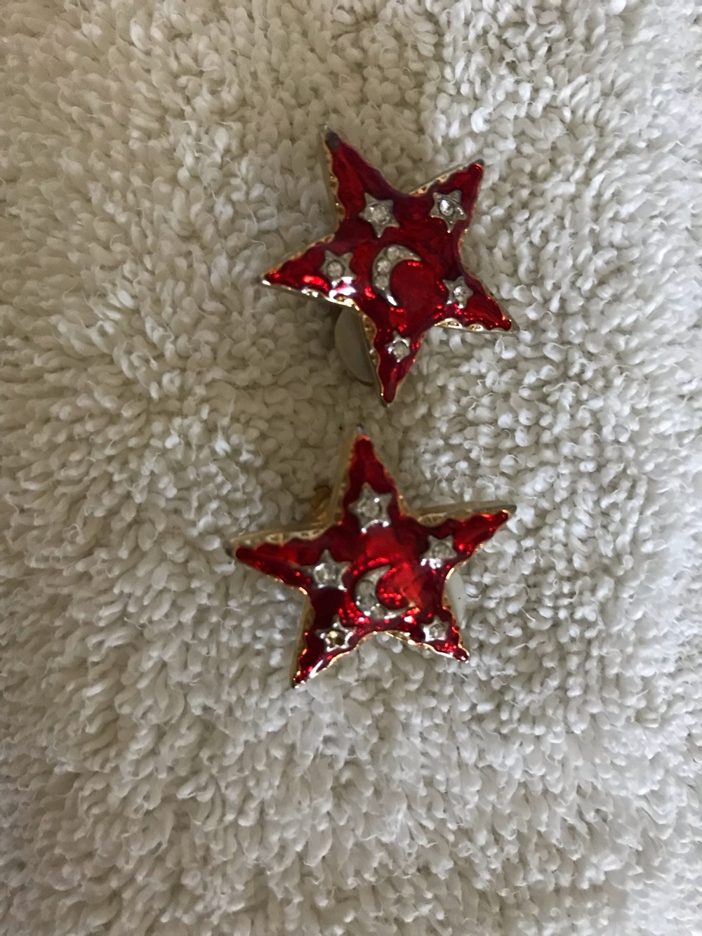 Red Star Crescent Rhinestone Clip-On Earrings